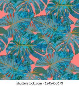 Tropical Pattern. Seamless Texture with Bright Hand Drawn Leaves of Exotic Tree. Summer Rapport for Calico, Textile, Wallpaper. Vector Seamless Background with Tropic Plants. Watercolor Effect.