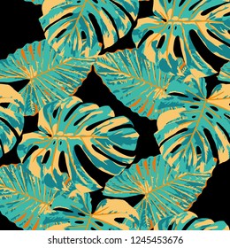 Tropical Pattern. Seamless Texture with Bright Hand Drawn Leaves of Exotic Tree. Trendy Rapport for Calico, Textile, Wallpaper. Vector Seamless Background with Tropic Plants. Watercolor Effect.