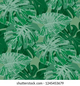 Tropical Pattern. Seamless Texture with Bright Hand Drawn Leaves of Exotic Tree. Trendy Rapport for Paper, Textile, Wallpaper. Vector Seamless Background with Tropic Plants. Watercolor Effect.