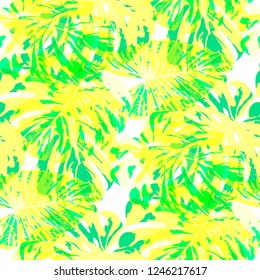 Tropical Pattern. Seamless Texture with Bright Hand Drawn Leaves of Exotic Tree. Bright Rapport for Paper, Textile, Wallpaper. Vector Seamless Background with Tropic Plants. Watercolor Effect.