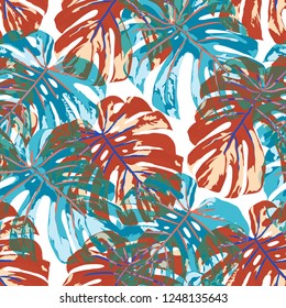 Tropical Pattern. Seamless Texture with Bright Hand Drawn Leaves of Monstera. Summer Rapport for Calico, Textile, Swimwear. Vector Seamless Background with Tropic Plants. Watercolor Effect.