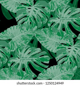 Tropical Pattern. Seamless Texture with Bright Hand Drawn Leaves of Monstera. Trendy Rapport for Print, Textile, Swimwear. Vector Seamless Background with Tropic Plants. Watercolor Effect.