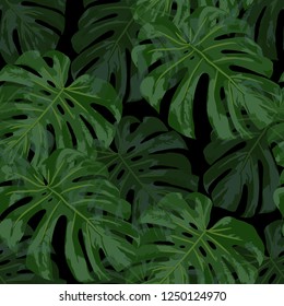 Tropical Pattern. Seamless Texture with Bright Hand Drawn Leaves of Monstera. Bright Rapport for Print, Textile, Fabric. Vector Seamless Background with Tropic Plants. Watercolor Effect.