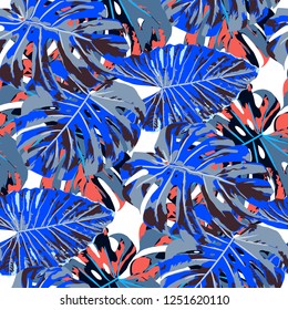 Tropical Pattern. Seamless Texture with Bright Hand Drawn Leaves of Exotic Tree. Bright Rapport for Print, Textile, Fabric. Vector Seamless Background with Tropic Plants. Watercolor Effect.