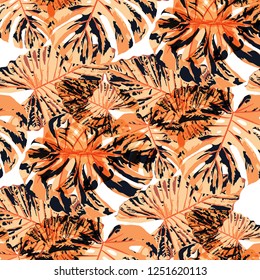 Tropical Pattern. Seamless Texture with Bright Hand Drawn Leaves of Monstera. Summer Rapport for Paper, Cloth, Fabric. Vector Seamless Background with Tropic Plants. Watercolor Effect.