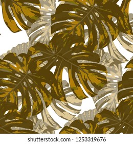 Tropical Pattern. Seamless Texture with Bright Hand Drawn Leaves of Exotic Tree. Bright Rapport for Calico, Textile, Wallpaper. Vector Seamless Background with Tropic Plants. Watercolor Effect.