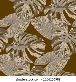 Tropical Pattern. Seamless Texture with Bright Hand Drawn Leaves of Exotic Tree. Trendy Rapport for Print, Cloth, Fabric. Vector Seamless Background with Tropic Plants. Watercolor Effect.