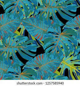 Tropical Pattern. Seamless Texture with Bright Hand Drawn Leaves of Monstera. Spring Rapport for Paper, Textile, Wallpaper. Vector Seamless Background with Tropic Plants. Watercolor Effect.