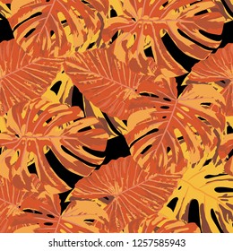 Tropical Pattern. Seamless Texture with Bright Hand Drawn Leaves of Exotic Tree. Summer Rapport for Paper, Cloth, Fabric. Vector Seamless Background with Tropic Plants. Watercolor Effect.