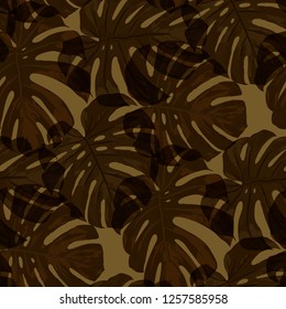 Tropical Pattern. Seamless Texture with Bright Hand Drawn Leaves of Exotic Tree. Spring Rapport for Paper, Cloth, Wallpaper. Vector Seamless Background with Tropic Plants. Watercolor Effect.