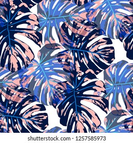 Tropical Pattern. Seamless Texture with Bright Hand Drawn Leaves of Monstera. Trendy Rapport for Print, Textile, Swimwear. Vector Seamless Background with Tropic Plants. Watercolor Effect.