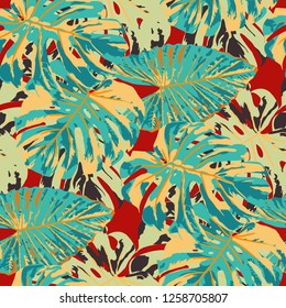 Tropical Pattern. Seamless Texture with Bright Hand Drawn Leaves of Exotic Tree. Summer Rapport for Paper, Cloth, Fabric. Vector Seamless Background with Tropic Plants. Watercolor Effect.