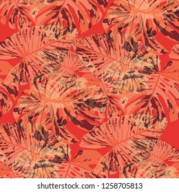 Tropical Pattern. Seamless Texture with Bright Hand Drawn Leaves of Monstera. Spring Rapport for Print, Textile, Swimwear. Vector Seamless Background with Tropic Plants. Watercolor Effect.
