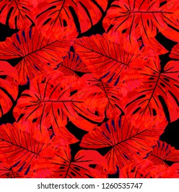 Tropical Pattern. Seamless Texture with Bright Hand Drawn Leaves of Monstera. Summer Rapport for Print, Cloth, Fabric. Vector Seamless Background with Tropic Plants. Watercolor Effect.