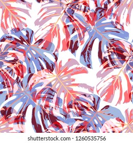 Tropical Pattern. Seamless Texture with Bright Hand Drawn Leaves of Monstera. Summer Rapport for Paper, Cloth, Wallpaper. Vector Seamless Background with Tropic Plants. Watercolor Effect.