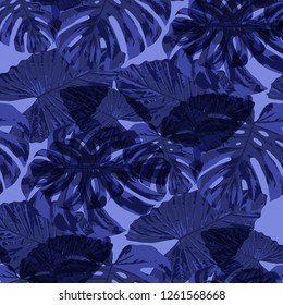 Tropical Pattern. Seamless Texture with Bright Hand Drawn Leaves of Exotic Tree. Summer Rapport for Print, Textile, Swimwear. Vector Seamless Background with Tropic Plants. Watercolor Effect.