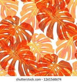 Tropical Pattern. Seamless Texture with Bright Hand Drawn Leaves of Exotic Tree. Spring Rapport for Print, Textile, Fabric. Vector Seamless Background with Tropic Plants. Watercolor Effect.