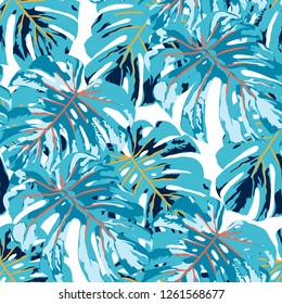 Tropical Pattern. Seamless Texture with Bright Hand Drawn Leaves of Monstera. Bright Rapport for Print, Paper, Swimwear. Vector Seamless Background with Tropic Plants. Watercolor Effect.