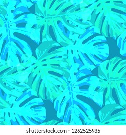 Tropical Pattern. Seamless Texture with Bright Hand Drawn Leaves of Exotic Tree. Bright Rapport for Paper, Cloth, Fabric. Vector Seamless Background with Tropic Plants. Watercolor Effect.