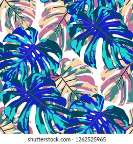 Tropical Pattern. Seamless Texture with Bright Hand Drawn Leaves of Monstera. Trendy Rapport for Print, Cloth, Fabric. Vector Seamless Background with Tropic Plants. Watercolor Effect.