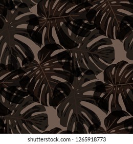 Tropical Pattern. Seamless Texture with Bright Hand Drawn Leaves of Exotic Tree. Spring Rapport for Paper, Textile, Wallpaper. Vector Seamless Background with Tropic Plants. Watercolor Effect.