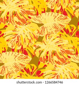 Tropical Pattern. Seamless Texture with Bright Hand Drawn Leaves of Exotic Tree. Spring Rapport for Calico, Textile, Swimwear. Vector Seamless Background with Tropic Plants. Watercolor Effect.