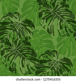 Tropical Pattern. Seamless Texture with Bright Hand Drawn Leaves of Exotic Tree. Bright Rapport for Paper, Cloth, Fabric. Vector Seamless Background with Tropic Plants. Watercolor Effect.