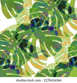 Tropical Pattern. Seamless Texture with Bright Hand Drawn Leaves of Monstera. Trendy Rapport for Print, Cloth, Fabric. Vector Seamless Background with Tropic Plants. Watercolor Effect.