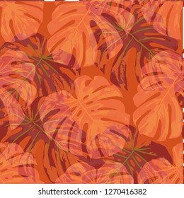 Tropical Pattern. Seamless Texture with Bright Hand Drawn Leaves of Monstera. Trendy Rapport for Print, Paper, Swimwear. Vector Seamless Background with Tropic Plants. Watercolor Effect.