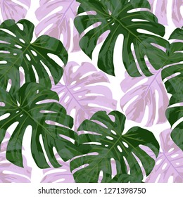 Tropical Pattern. Seamless Texture with Bright Hand Drawn Leaves of Monstera. Bright Rapport for Calico, Textile, Swimwear. Vector Seamless Background with Tropic Plants. Watercolor Effect.