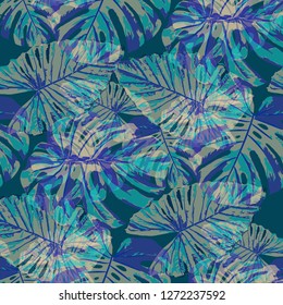 Tropical Pattern. Seamless Texture with Bright Hand Drawn Leaves of Exotic Tree. Bright Rapport for Calico, Textile, Swimwear. Vector Seamless Background with Tropic Plants. Watercolor Effect.