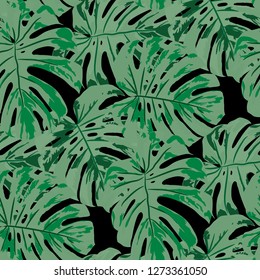 Tropical Pattern. Seamless Texture with Bright Hand Drawn Leaves of Monstera. Trendy Rapport for Calico, Textile, Swimwear. Vector Seamless Background with Tropic Plants. Watercolor Effect.