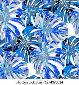 Tropical Pattern. Seamless Texture with Bright Hand Drawn Leaves of Exotic Tree. Bright Rapport for Calico, Textile, Swimwear. Vector Seamless Background with Tropic Plants. Watercolor Effect.