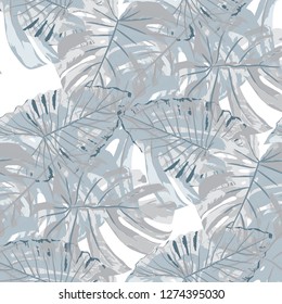 Tropical Pattern. Seamless Texture with Bright Hand Drawn Leaves of Monstera. Trendy Rapport for Calico, Textile, Swimwear. Vector Seamless Background with Tropic Plants. Watercolor Effect.