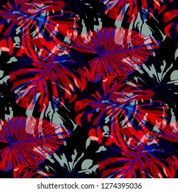 Tropical Pattern. Seamless Texture with Bright Hand Drawn Leaves of Monstera. Spring Rapport for Paper, Cloth, Wallpaper. Vector Seamless Background with Tropic Plants. Watercolor Effect.
