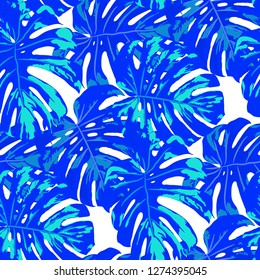 Tropical Pattern. Seamless Texture with Bright Hand Drawn Leaves of Monstera. Spring Rapport for Print, Paper, Swimwear. Vector Seamless Background with Tropic Plants. Watercolor Effect.