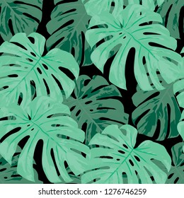 Tropical Pattern. Seamless Texture with Bright Hand Drawn Leaves of Monstera. Bright Rapport for Paper, Cloth, Fabric. Vector Seamless Background with Tropic Plants. Watercolor Effect.