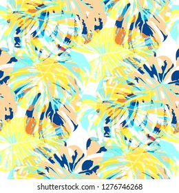 Tropical Pattern. Seamless Texture with Bright Hand Drawn Leaves of Monstera. Spring Rapport for Paper, Cloth, Wallpaper. Vector Seamless Background with Tropic Plants. Watercolor Effect.