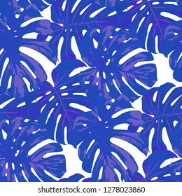 Tropical Pattern. Seamless Texture with Bright Hand Drawn Leaves of Monstera. Bright Rapport for Calico, Textile, Wallpaper. Vector Seamless Background with Tropic Plants. Watercolor Effect.