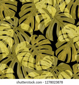 Tropical Pattern. Seamless Texture with Bright Hand Drawn Leaves of Exotic Tree. Spring Rapport for Paper, Cloth, Fabric. Vector Seamless Background with Tropic Plants. Watercolor Effect.