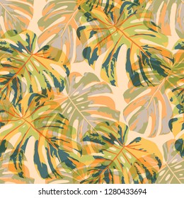 Tropical Pattern. Seamless Texture with Bright Hand Drawn Leaves of Monstera. Summer Rapport for Print, Cloth, Fabric. Vector Seamless Background with Tropic Plants. Watercolor Effect.