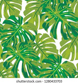 Tropical Pattern. Seamless Texture with Bright Hand Drawn Leaves of Exotic Tree. Summer Rapport for Paper, Textile, Wallpaper. Vector Seamless Background with Tropic Plants. Watercolor Effect.