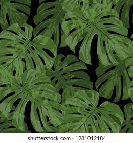 Tropical Pattern. Seamless Texture with Bright Hand Drawn Leaves of Monstera. Spring Rapport for Print, Textile, Swimwear. Vector Seamless Background with Tropic Plants. Watercolor Effect.