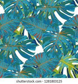 Tropical Pattern. Seamless Texture with Bright Hand Drawn Leaves of Monstera. Bright Rapport for Paper, Textile, Wallpaper. Vector Seamless Background with Tropic Plants. Watercolor Effect.