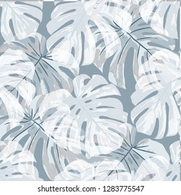 Tropical Pattern. Seamless Texture with Bright Hand Drawn Leaves of Exotic Tree. Spring Rapport for Paper, Cloth, Wallpaper. Vector Seamless Background with Tropic Plants. Watercolor Effect.