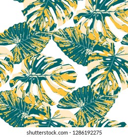 Tropical Pattern. Seamless Texture with Bright Hand Drawn Leaves of Exotic Tree. Summer Rapport for Print, Textile, Swimwear. Vector Seamless Background with Tropic Plants. Watercolor Effect.