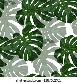 Tropical Pattern. Seamless Texture with Bright Hand Drawn Leaves of Monstera. Bright Rapport for Paper, Cloth, Fabric. Vector Seamless Background with Tropic Plants. Watercolor Effect.