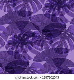 Tropical Pattern. Seamless Texture with Bright Hand Drawn Leaves of Monstera. Spring Rapport for Paper, Cloth, Fabric. Vector Seamless Background with Tropic Plants. Watercolor Effect.