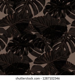 Tropical Pattern. Seamless Texture with Bright Hand Drawn Leaves of Monstera. Bright Rapport for Print, Textile, Swimwear. Vector Seamless Background with Tropic Plants. Watercolor Effect.
