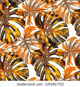 Tropical Pattern. Seamless Texture with Bright Hand Drawn Leaves of Exotic Tree. Spring Rapport for Calico, Textile, Swimwear. Vector Seamless Background with Tropic Plants. Watercolor Effect.
